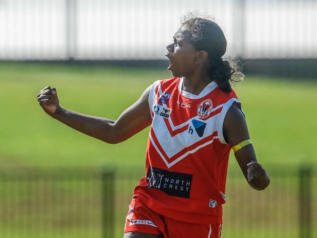 Jenna Singh scores from a free kick as Waratah v Buffettes Women's LeaguePicture GLENN CAMPBELL