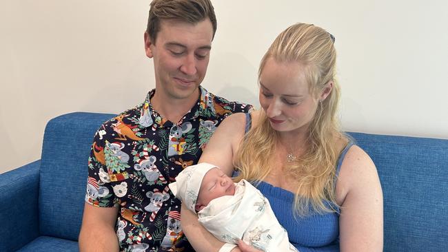 Candice and Rhys Brimblecombe with newborn baby Theo at the Royal Hobart Hospital. Picture: Bridget Clarke