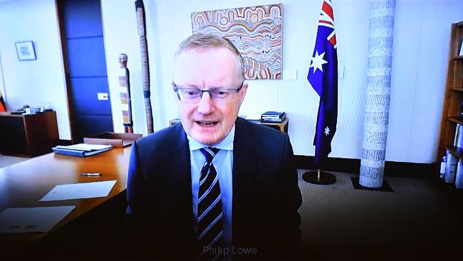 Reserve Bank of Australia Dr Philip Lowe appearing by video link at the Senate Inquiry into COVID-19. Picture: AAP