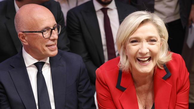 Marine Le Pen and Les Republicains right-wing party president Eric Ciotti attend a press conference. Picture: AFP.