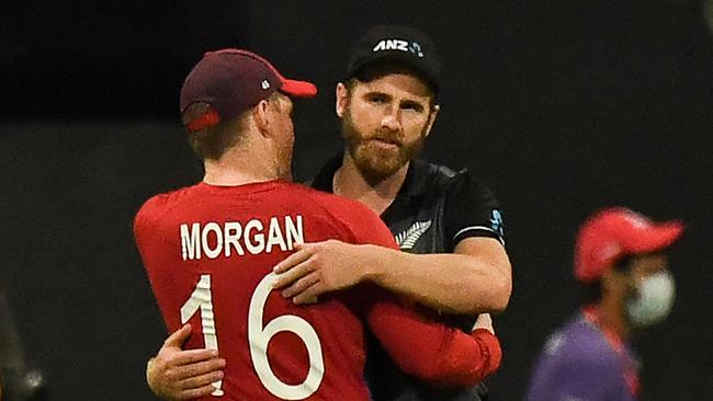 New Zealand captain Kane Williamson embraces Eoin Morgan post-game. Picture: AFP