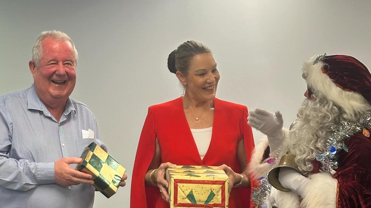 Councillor Steve Cooper, Mayor Helen Blackburn, and Santa Claus gather to discuss Bundaberg’s 2024 Christmas program.