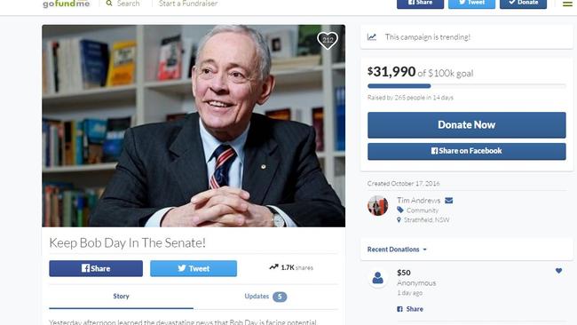 The GoFundMe campaign launched for Family First Senator Bob Day.