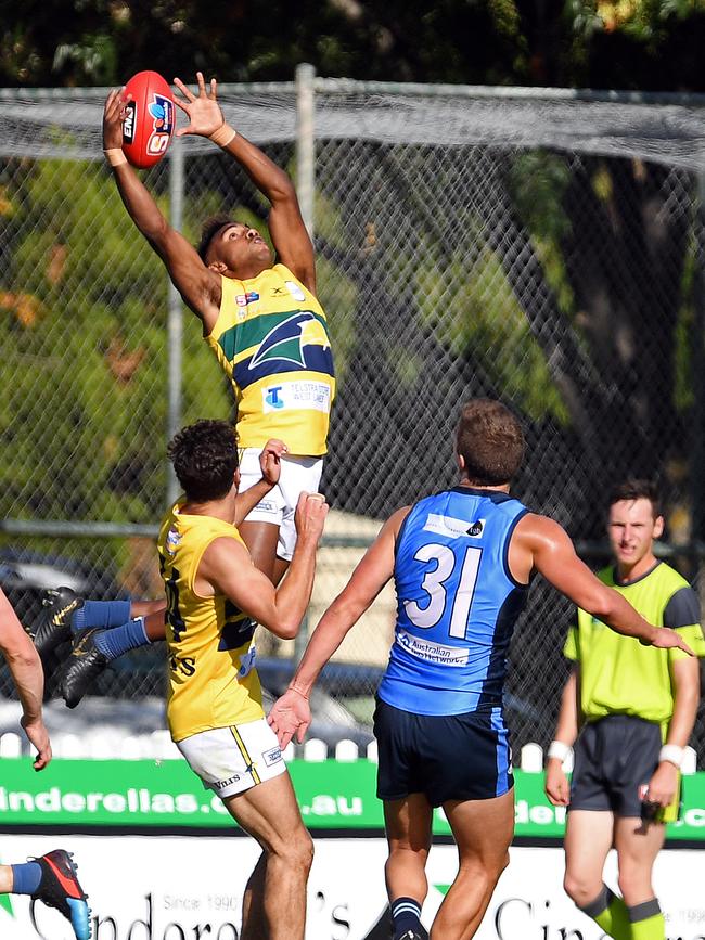 Eagle Kysaiah Pickett attempts a high-flying mark against Sturt. Picture: Tom Huntley