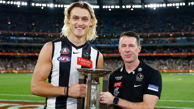 Darcy Moore with coach Craig McRae on Anzac Day. Picture: Getty Image