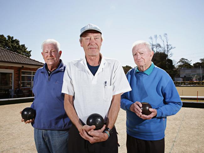 Tony Sestanovich, Ross Aldridge (Mens bowls president) and Richard Clarke, 75, (men's bowls secretary) at North Manly Bowling Club. Picture: Adam Yip.