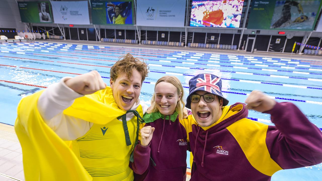 Fans Ryan Clifford, 19, Jasmin Fullgrabe, 19, and Darcy Tsamaidis, 21, at the SA Aquatic and Leisure Centre. Picture: Roy VanDerVegt