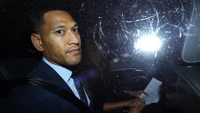 Folau leaves a Code of Conduct hearing in Sydney. Picture: AAP