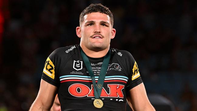 SYDNEY, AUSTRALIA - OCTOBER 01: Nathan Cleary of the Panthers reacts after receiving his winners' medal during the 2023 NRL Grand Final match between Penrith Panthers and Brisbane Broncos at Accor Stadium on October 01, 2023 in Sydney, Australia. (Photo by Bradley Kanaris/Getty Images)