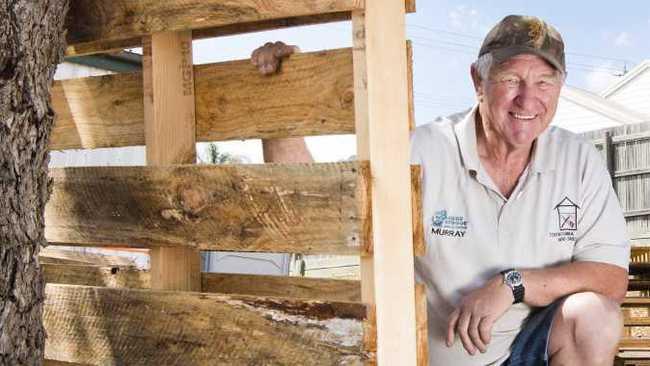 ( From left ) Toowoomba West Mens Shed president Murray Trewavas and Aurizon Regional Maintenance Leader Nathan Fisher. Aurizon donate pallets to the Mens Shed. Wednesday, 25th Sep, 2019. Picture: Nev Madsen