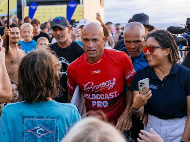 GOLD COAST, QUEENSLAND, AUSTRALIA - APRIL 27: Eleven-time WSL Champion Kelly Slater of the United States after surfing in the Snapper World Champs Heat at the Bonsoy Gold Coast Pro on April 27, 2024 at Gold Coast, Queensland, Australia. (Photo by Cait Miers/World Surf League)