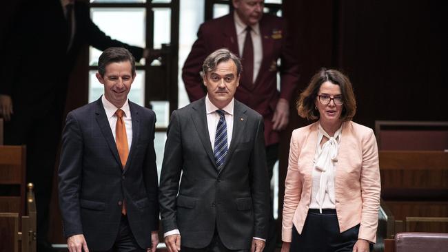 New Senator Andrew McLachlan being sworn into the Senate in Parliament House in Canberra, flanked by fellow SA senators Simon Birmingham and Anne Ruston. Picture Gary Ramage