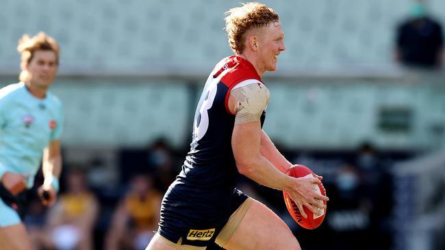 The AFL wants to avoid playing the grand final at an empty MCG. Here Clayton Oliver charges forward on the ground against Adelaide in Round 22. Picture: Michael Klein