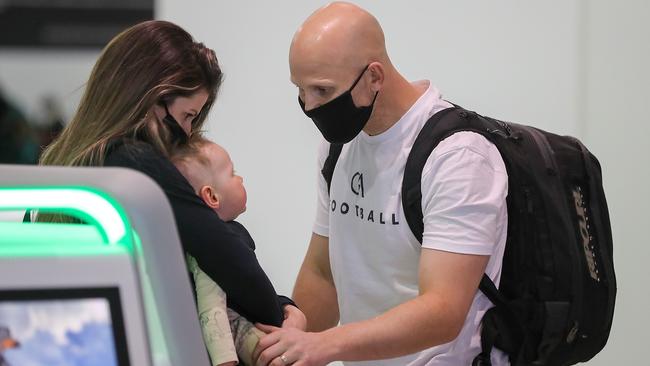 Geelong player Gary Ablett and has wife Jordan, with their son Levi. Picture: Alex Coppel.