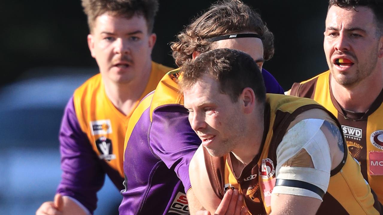 Inverleigh’s Ryan Robertson collected Anderson in the opening minute of the grand final. Picture: Mark Wilson