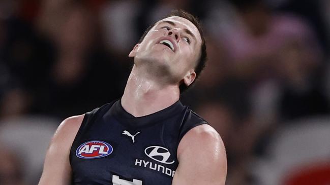 MELBOURNE, AUSTRALIA - AUGUST 25:  Matthew Owies of the Blues reacts during the round 24 AFL match between Carlton Blues and St Kilda Saints at Marvel Stadium, on August 25, 2024, in Melbourne, Australia. (Photo by Darrian Traynor/Getty Images)