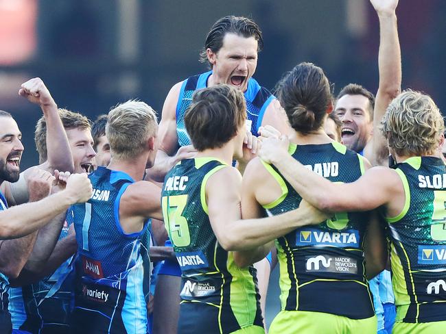 MELBOURNE, AUSTRALIA - FEBRUARY 22: Patrick Dangerfield of the Bolts team reacts after winning the toss during the 2019 AFLX at Marvel Stadium on February 22, 2019 in Melbourne, Australia. (Photo by Michael Dodge/Getty Images)