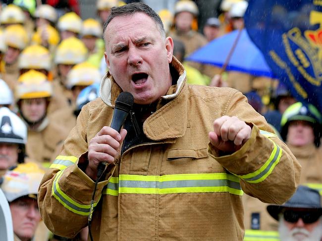 Fire Fighters Rally on the steps of Parliament House, Melbourne.United Firefighters Union secretary Peter Marshall speaks to the firefighters. Picture: Tim Carrafa