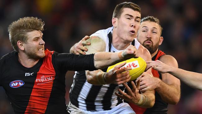 Mason Cox big Mason Cox was a tower of power in the air against the Bombers. Picture: Getty Images