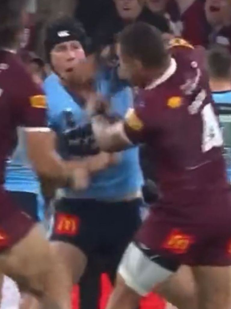 Burton (Blues) and Gagai (Maroons) exchange punches. Picture: Fox League