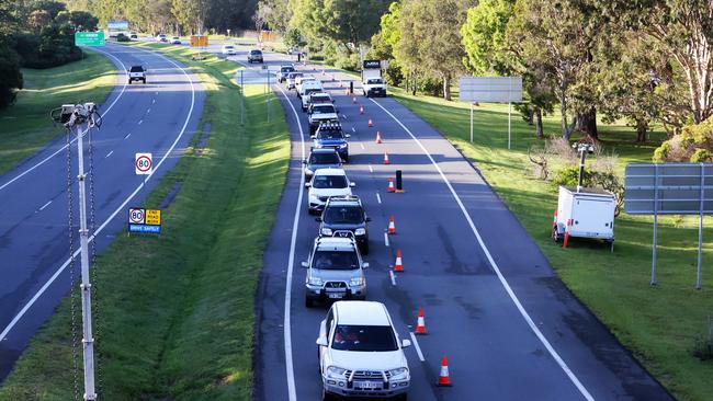 Traffic at the Queensland border on the Gold Coast Highway at 5.45am. Picture: Nigel Hallett