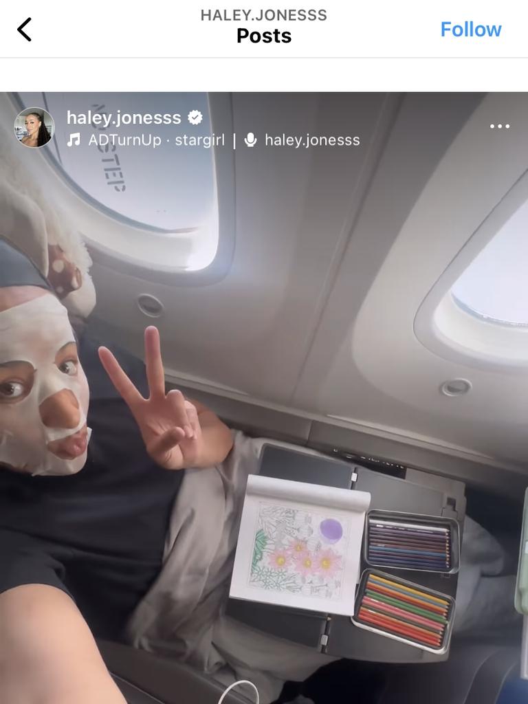 Haley Jones on the flight over to Australia. Picture: Instagram