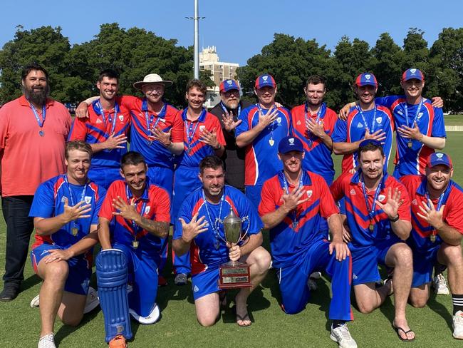 The Newcastle open men's representative cricket team after winning the 2023/24 NSW Country Championships final, their fifth in a row, at Newcastle's No.1 Sportsground on December 10, 2023. Photo: Alex Pichaloff