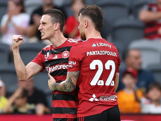 SYDNEY, AUSTRALIA - MARCH 02: Bozhidar Kraev of the Wanderers celebrates kicking a goal during the round 21 A-League Men match between Western Sydney Wanderers and Perth Glory at CommBank Stadium, on March 02, 2025, in Sydney, Australia. (Photo by Cameron Spencer/Getty Images)