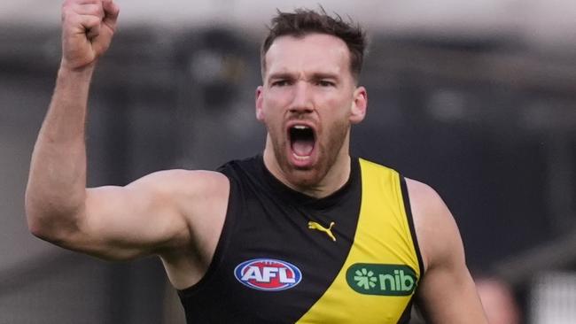 MELBOURNE, AUSTRALIA - JUNE 30: Noah Balta of the Tigers celebrates kicking a goal during the round 16 AFL match between Richmond Tigers and Carlton Blues at Melbourne Cricket Ground, on June 30, 2024, in Melbourne, Australia. (Photo by Daniel Pockett/Getty Images)