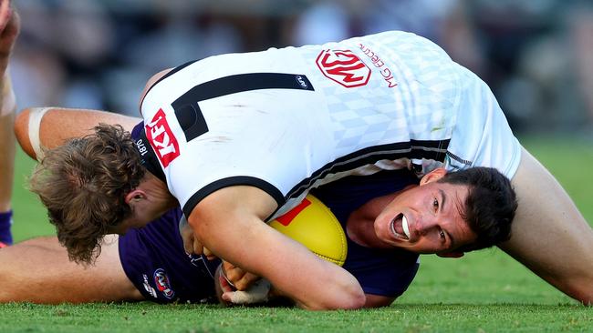 Xavier Duursma lays a huge tackle on Jaeger O’Meara. Picture: Getty Images