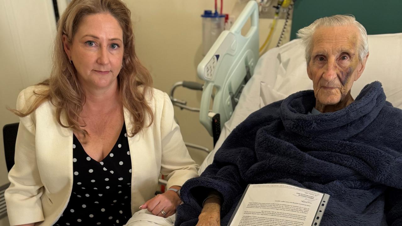 Cyril Tooze, 86, with Independent MP Rebekha Sharkie at hospital in Victor Harbor. Picture: Supplied