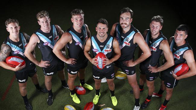 Port Adelaide’s 2018 leadership group, from left, Hamish Hartlett, Tom Jonas, Ollie Wines, Captain Travis Boak, Charlie Dixon, Brad Ebert and Tom Rockliff. Picture Sarah Reed