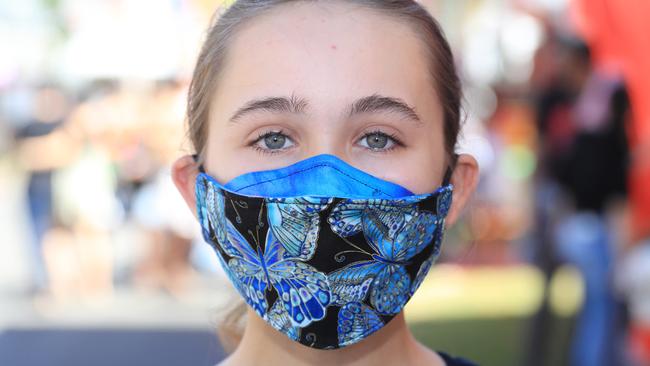 Lillian Mitchell, of Holloways Beach, masks up to prevent the spread of the Omicron variant of the coronavirus. Picture: Brendan Radke