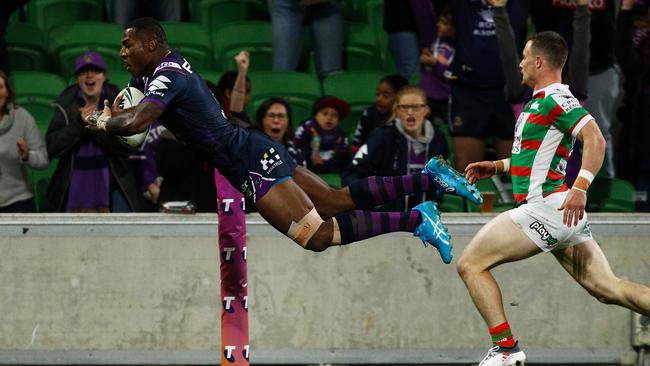 Suliasi Vunivalu dives to score a try for the Storm. Picture: Getty Images