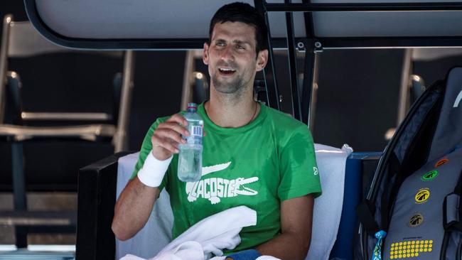 Novak Djokovic trained on rod Laver Arena on Thursday. Picture: AFP Images