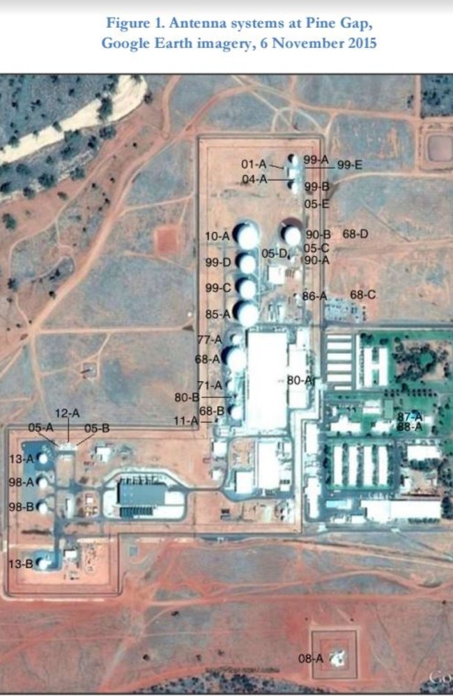 A Google Earth image taken in late 2015 reveals the extent of the antenna systems at Pine Gap. Picture: Nautilus