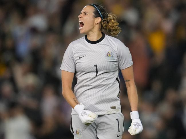 NEWCASTLE, AUSTRALIA - NOVEMBER 30: Lydia Williams #1 GK of Australia celebrates a goal during a game between Australia and USWNT at McDonald Jones Stadium on November 30, 2021 in Newcastle, Australia. (Photo by Brad Smith/ISI Photos/Getty Images)