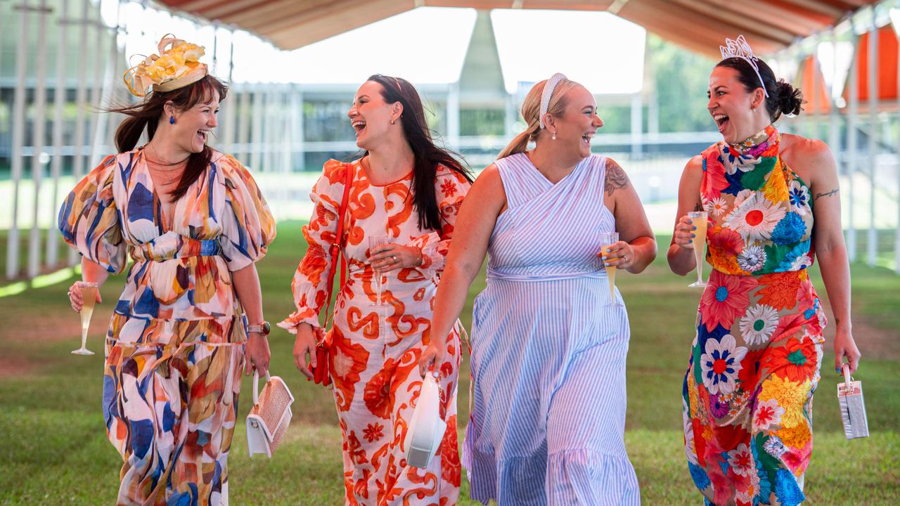 Jaimee Lea Love, Ashleigh Farris, Shay Higgins and Krystal Feather at the 2024 Darwin Cup Carnival Ladies Day. Picture: Pema Tamang Pakhrin