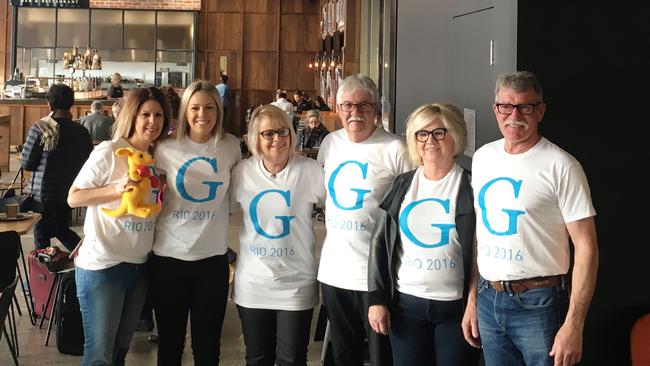 “Team G” at Launceston Airport on Monday before heading to Rio, from left, mum Dearne, sister Phoebe and grandparents Marilyn and Graeme Eberhardt and Helen and Michael Baker.