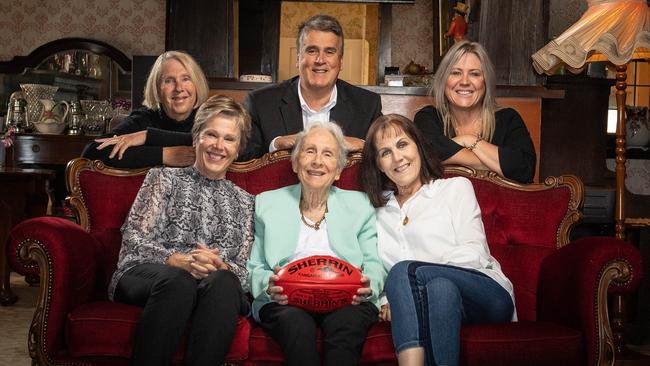 Australian Football Hall of Fame inductee Jim Deane's family, clockwise back from left, Anne Williams, Michael Deane, Julie Deane, Sally Angel, Colleen Deane and Tracey Thompson. Picture: Brad Fleet