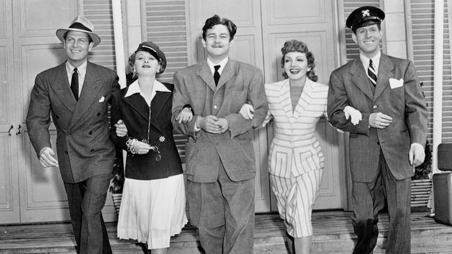 Preston Sturges (centre) with actors Joel McCrea, Mary Astor, Claudette Colbert and Rudy Vallée on the set of film The Palm Beach Story in 1942.