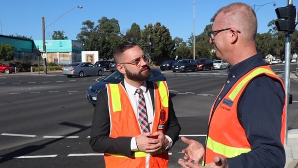 Ringwood state Labor MP Dustin Halse and VicRoads' Adian McGann discuss the works at the Maroondah Highway, Dampier Grove and Heatherdale Rd intersection.