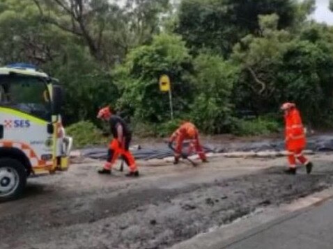 Sandbagging and earthworks being placed by the State Emergency Service in Plateau Rd, on Sunday. Picture: SES Warringah/Pittwater Unit