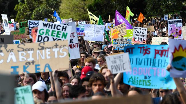 A sea of placards during the Global Strike 4 Climate rally in Sydney on Friday. Picture: AAP/Paul Braven