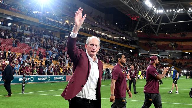 Maroons coach Wayne Bennett celebrates victory after game three of the State of Origin series between the Queensland Maroons and the New South Wales Blues (Photo by Bradley Kanaris/Getty Images)