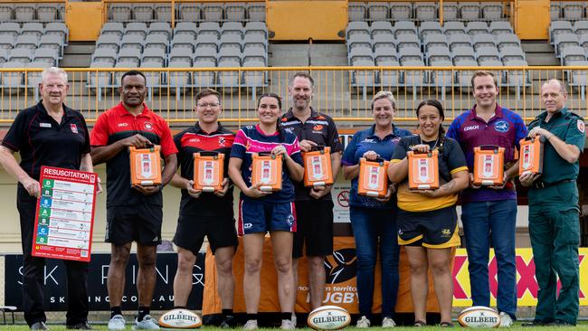 Colin Southam, Sete Cakaunivalu, Robert Butcher, Dailene Doyle, Matt Kaye, Annette Blunt, Jordan Lewis, Rhys Morcom and Geoff bates ahead of the 2024-25 Darwin Rugby grand finals. Picture: Pema Tamang Pakhrin