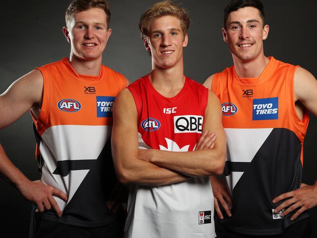 AFL Draft at Marvel Stadium.  27/11/2019.  Sydneys Dylan Stephens with GWS draftees Tom Green (left) and Lachlan Ash   . Pic: Michael Klein