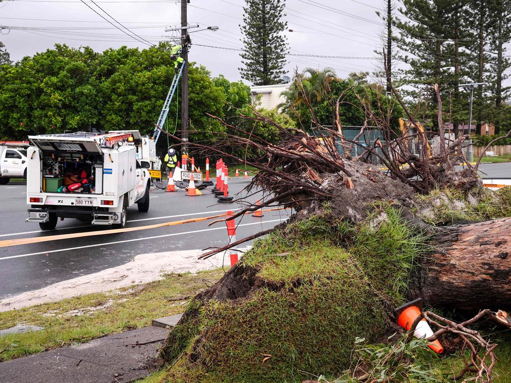 Workers fix electricity wires next to a tree uprooted by strong winds from Cyclone Alfred in the suburb of Elanora on the Gold Coast. Picture: DAVID GRAY / AFP