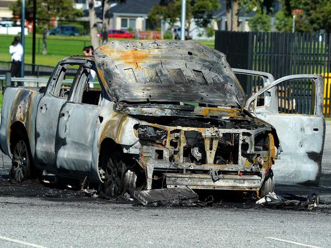 MELBOURNE AUSTRALIA - NewsWire Photos APRIL  27, 2024: A torched car is seen in Sweeney Reserve in Hampton Park.Picture: NCA NewsWire / Luis Enrique Ascui