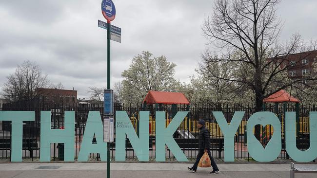 A ‘Thank You’ sign across the street from Elmhurst Hospital in the Queens, New York. Picture: AFP